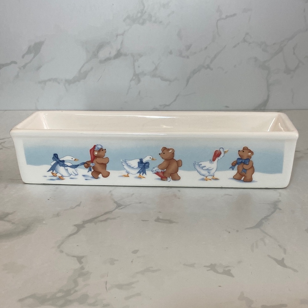 Vintage 1988 House of Lloyd Ceramic Christmas Bear & Goose Candle Holder / Dish